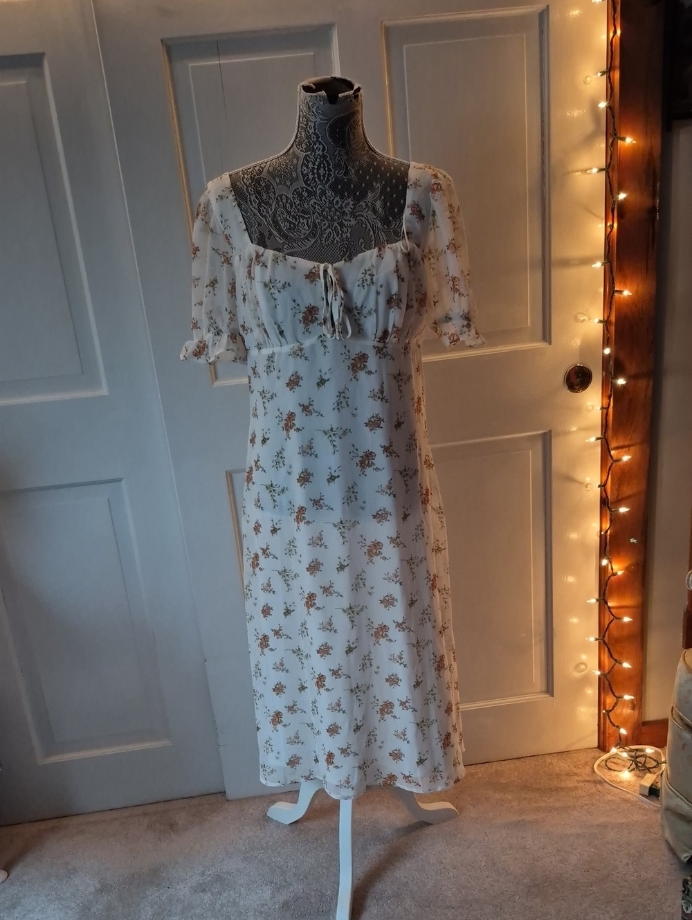 Lumiere White Midi Dress with Brown Floral Print